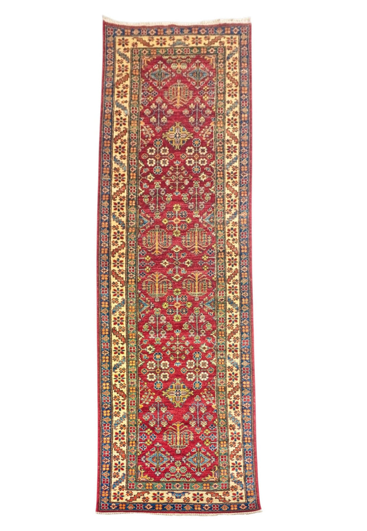 Red and Ivory All-Over Floral Kazak, Hand-Knotted Wool Rug