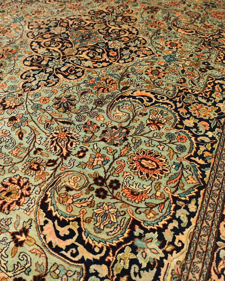 Brown Kashmiri Silk Rug, Hand-Knotted