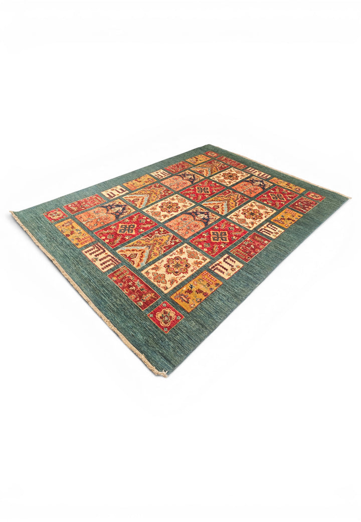 Teal Bakhtiari Garden Panel Ghazni, Hand-Knotted Afghan Wool Rug