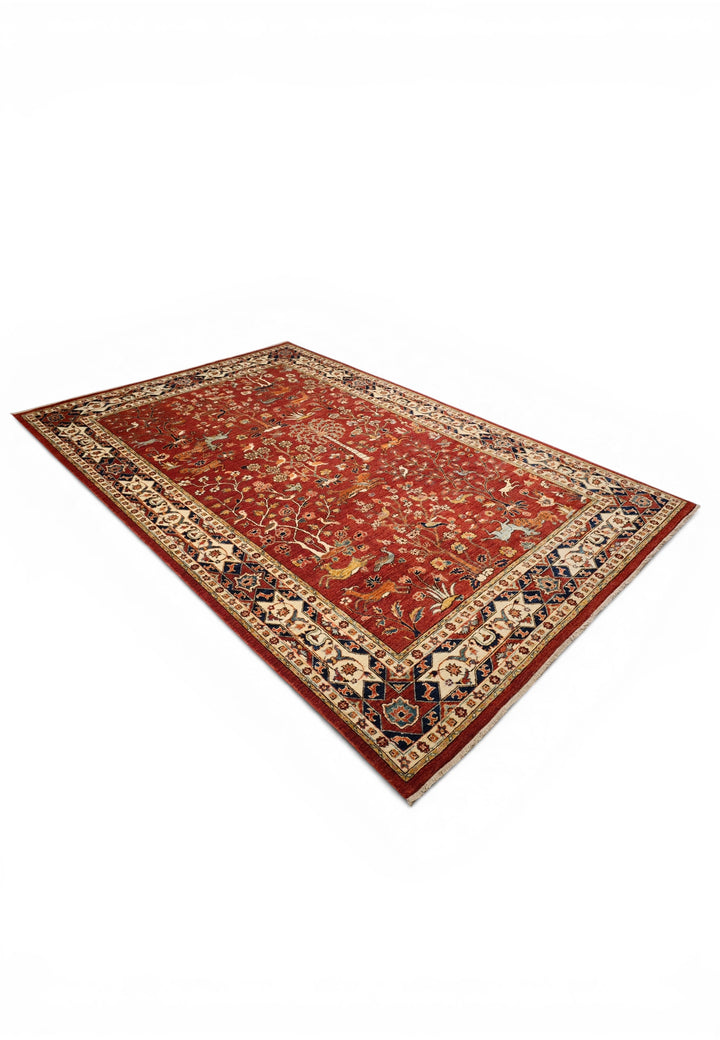 Red Shikargah Paradise Ghazni, Hand-Knotted Afghan Wool Rug