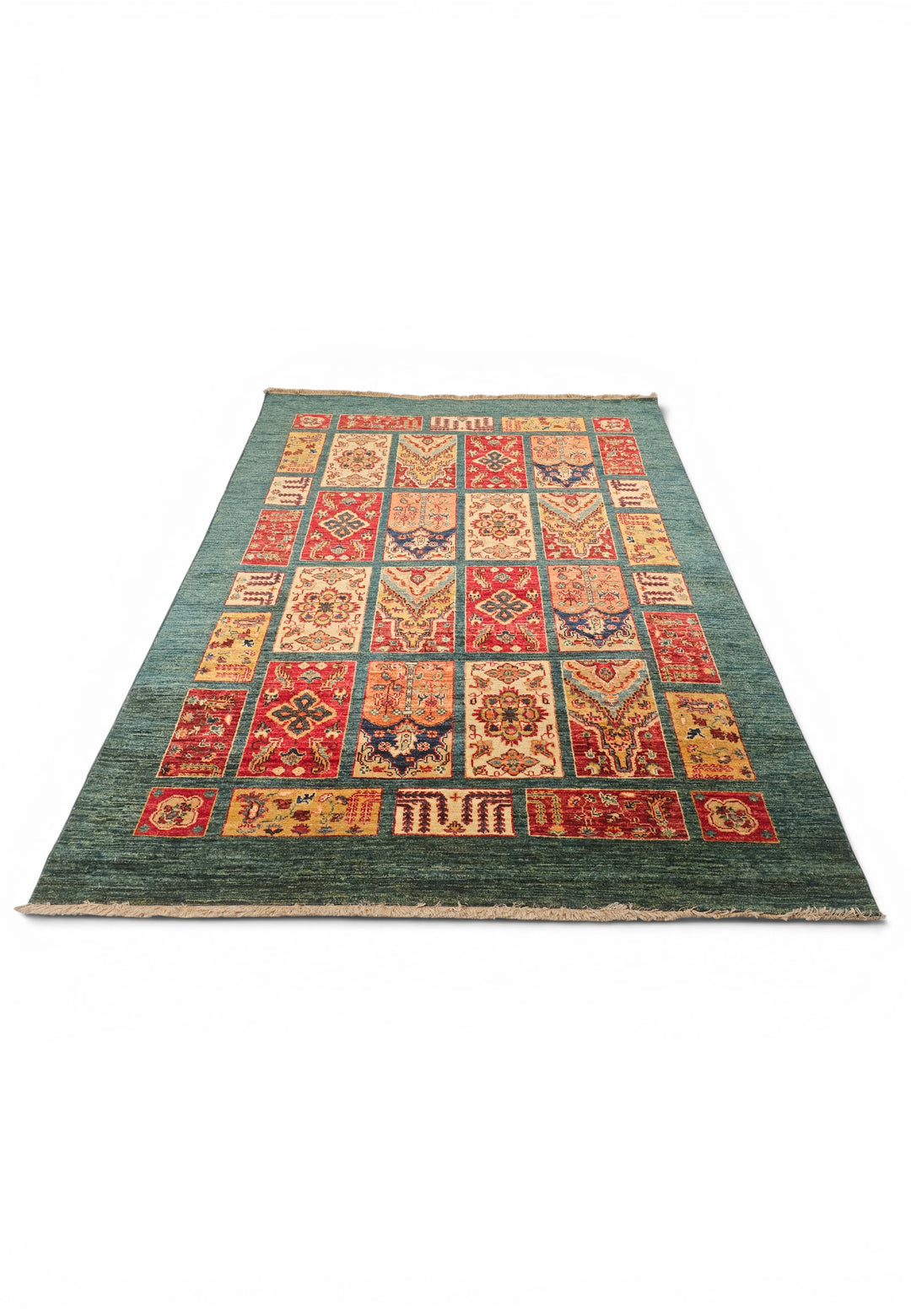 Teal Bakhtiari Garden Panel Ghazni, Hand-Knotted Afghan Wool Rug