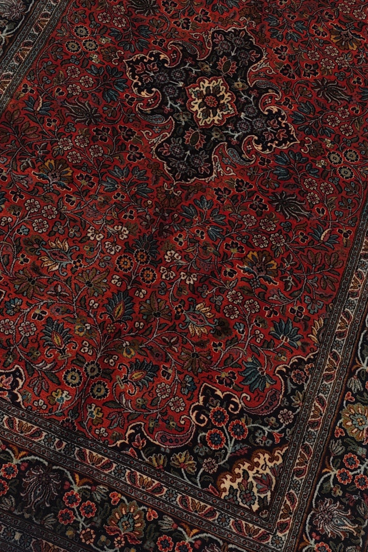 Deep Red and Navy Cloudband Medallion, Hand-Knotted Silk Rug