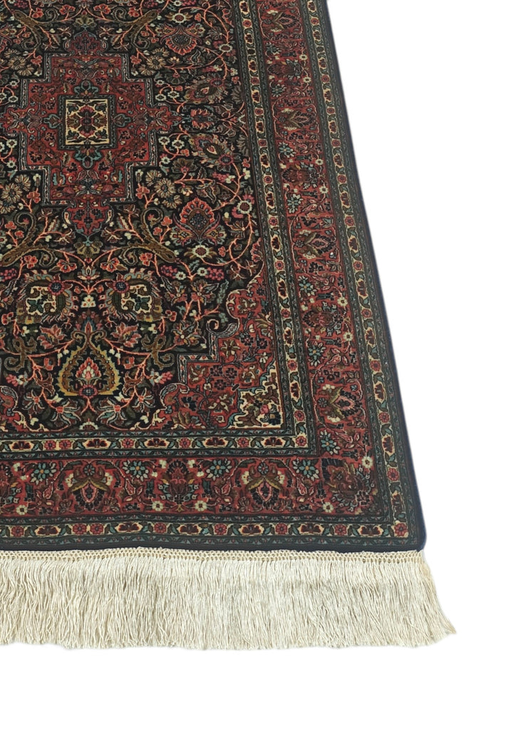 Dark Brown and Brick Red Stepped Medallion, Hand-Knotted Silk Rug