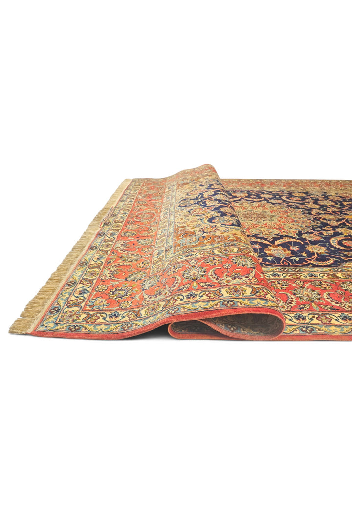 Indigo and Terracotta Medallion Sirafian Isfahan, Hand-Knotted Wool Rug