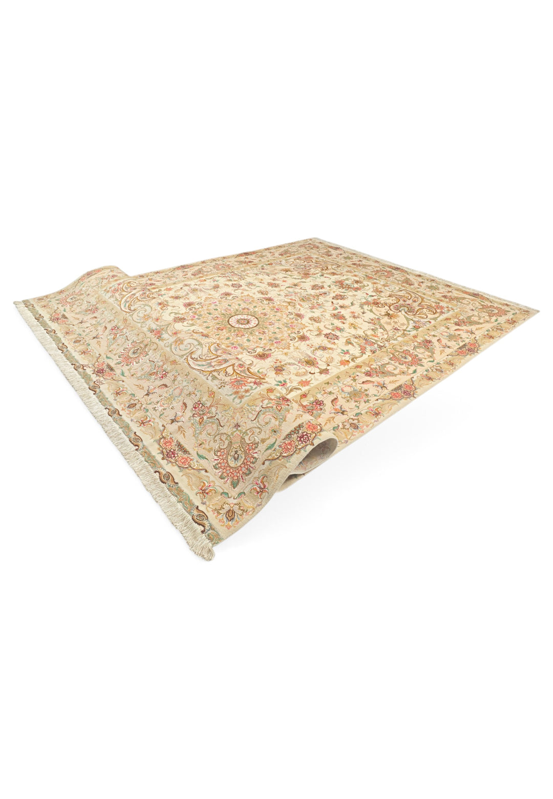 Cream and Gold Radiating Medallion Tabriz, Hand-Knotted Wool Rug