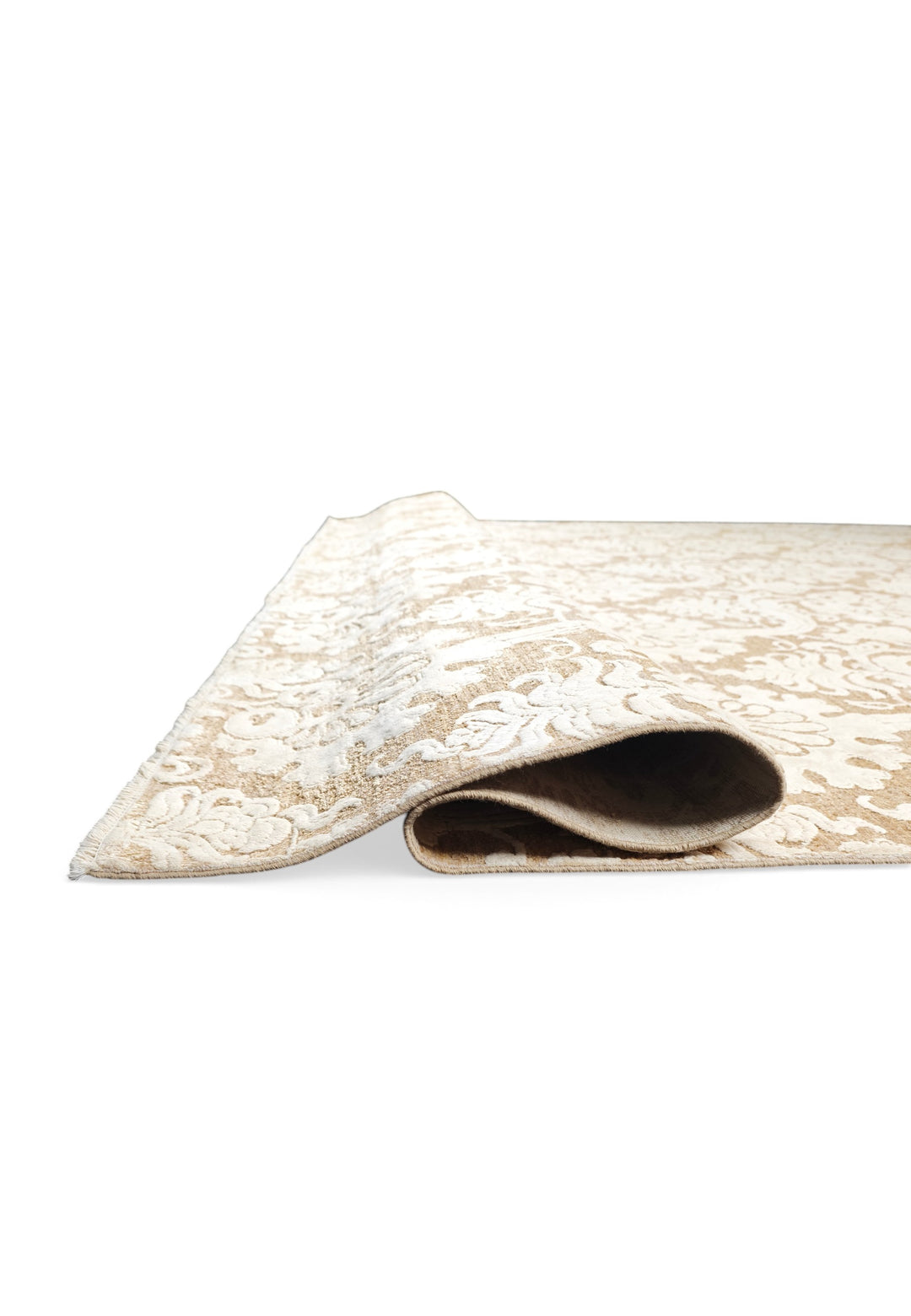 Ivory and Camel Damask Ghazni, Hand-Knotted Wool and Silk Rug
