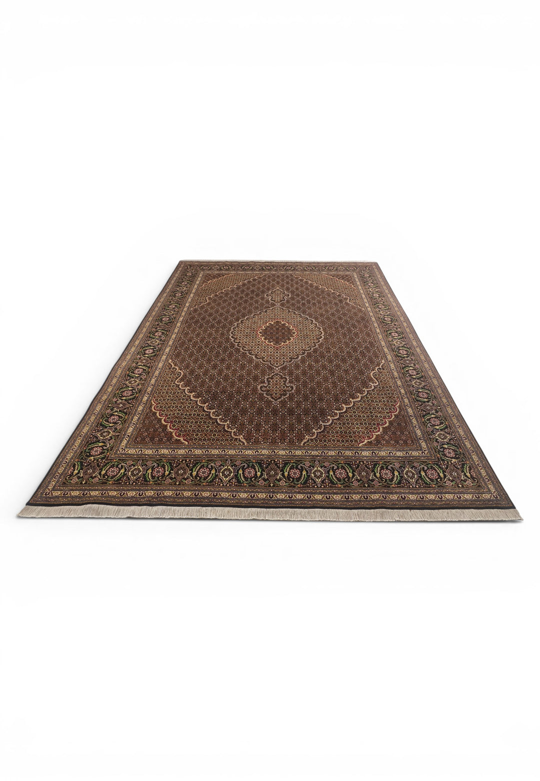 Brown Mahi Medallion Persian Tabriz, Hand-Knotted Wool Rug