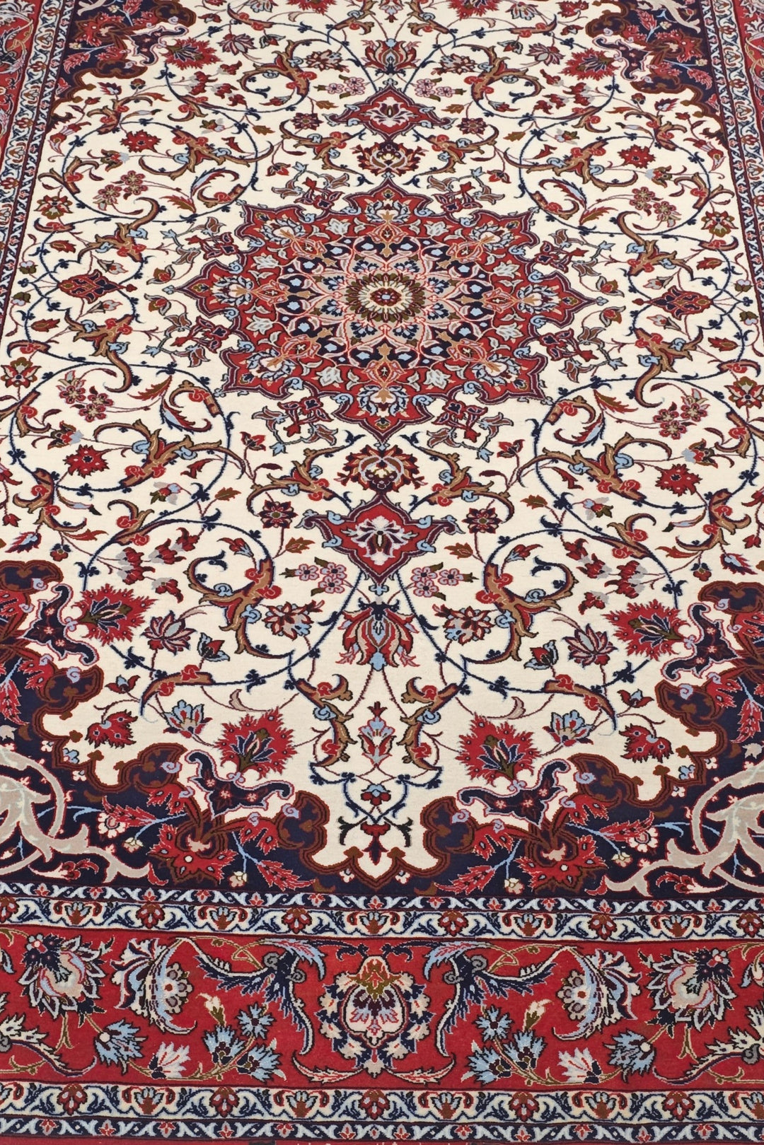 Ivory and Red Star Medallion Sirafian Isfahan, Hand-Knotted Wool Rug