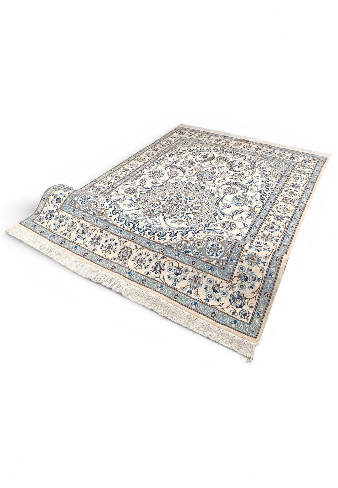 Ivory &amp; Blue Medallion Persian Nain, Hand-Knotted Wool Rug
