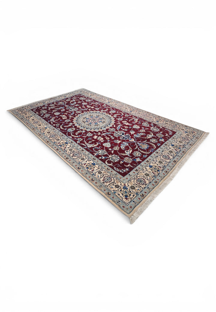 Wine-Red Medallion Persian Nain, Hand-Knotted Wool Rug