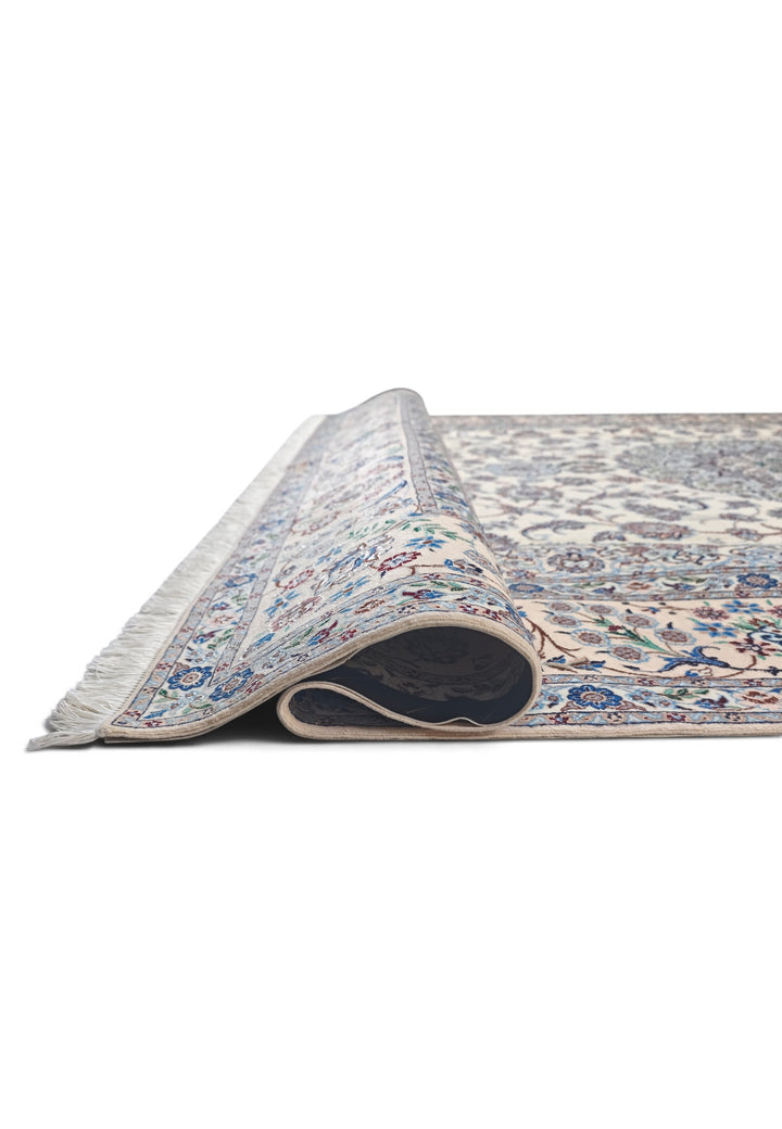 Ivory and Blue Bird Border Medallion Nain, Hand-Knotted Wool Rug