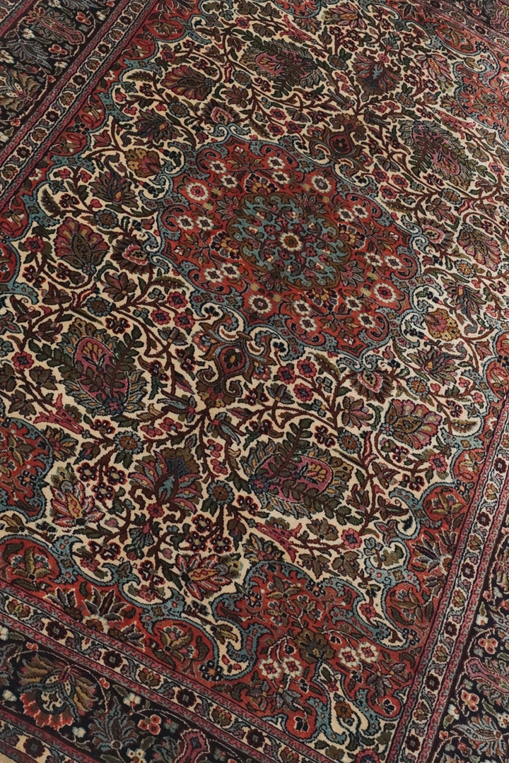 Ivory and Navy Shah Abbasi Floral Medallion, Hand-Knotted Silk Rug
