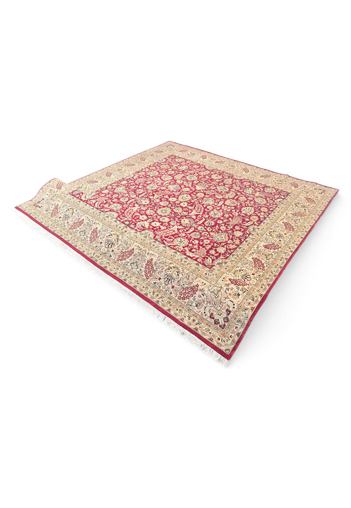 Burgundy and Camel Shah Abbasi Floral, Hand-Knotted Wool Rug