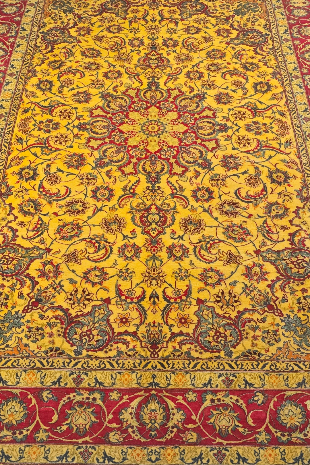 Gold and Crimson Star Medallion Isfahan, Hand-Knotted Wool Rug