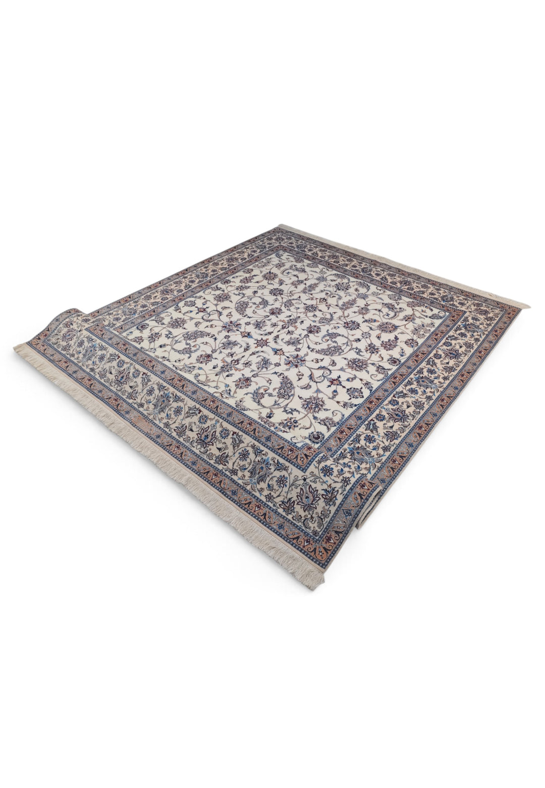 Ivory and Salmon All-Over Arabesque Nain, Hand-Knotted Wool Rug