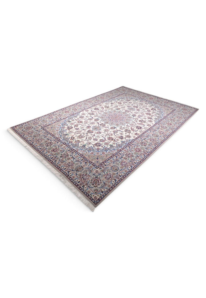 Ivory and Grey Medallion Yazdani Isfahan, Hand-Knotted Wool Rug