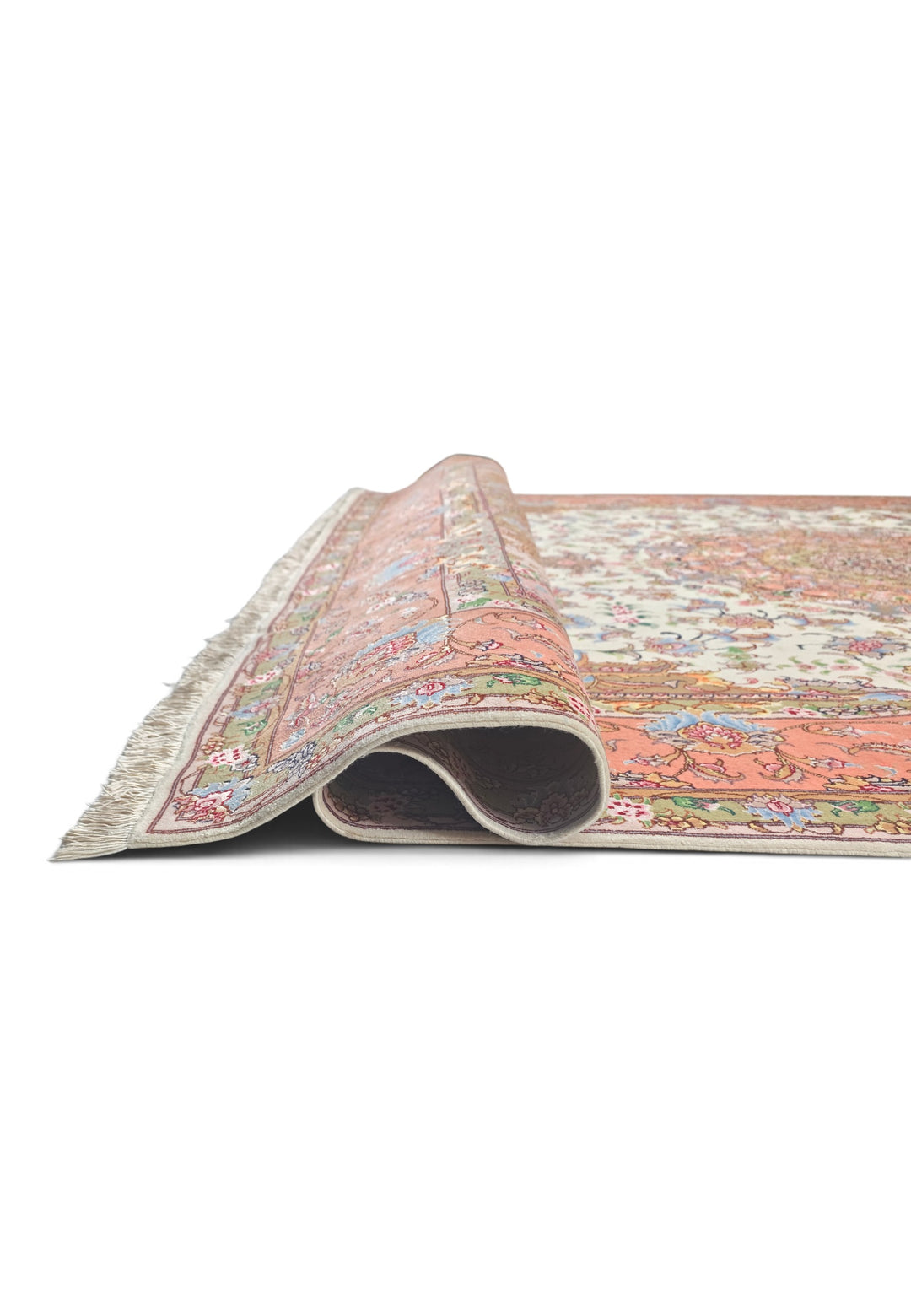 Ivory and Coral Radiating Medallion Tabriz, Hand-Knotted Wool Rug