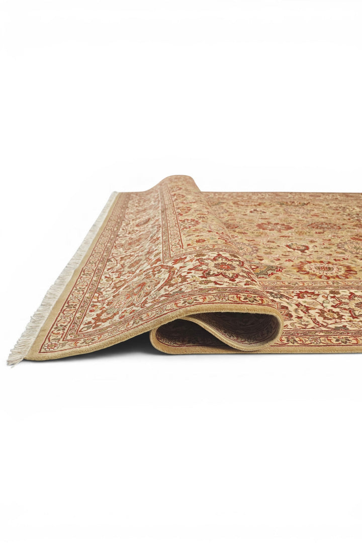 Gold and Ivory Tabriz Floral, Hand-Knotted Pakistani Wool Rug