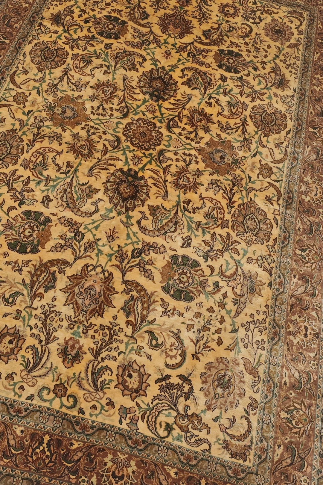 Gold and Brown Afshan All-Over Floral, Hand-Knotted Silk Rug