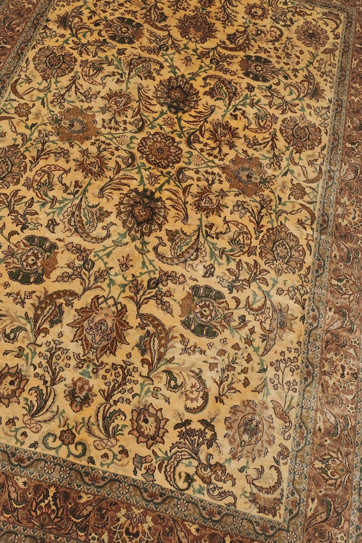 Gold and Brown Afshan All-Over Floral, Hand-Knotted Silk Rug