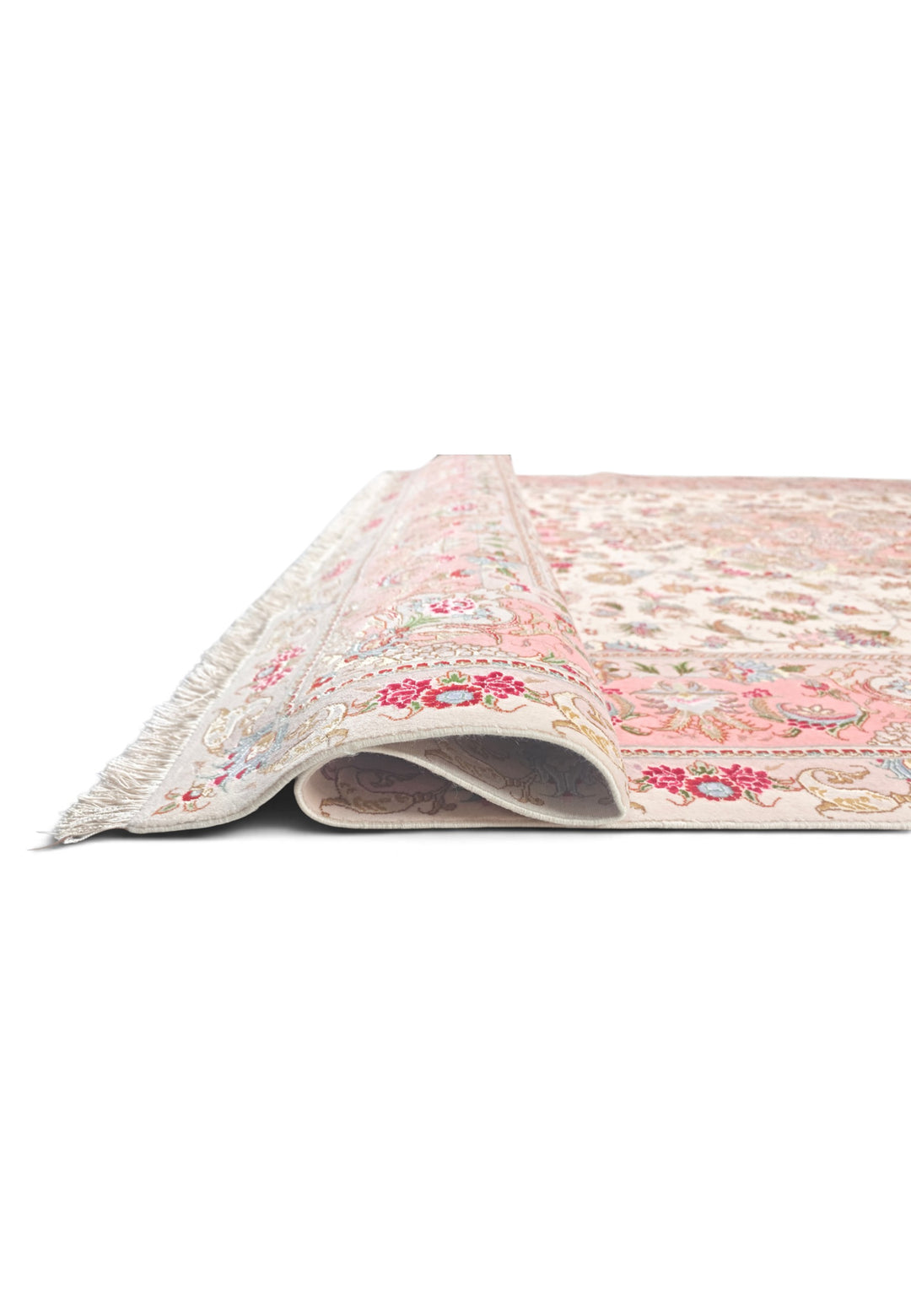Cream and Rose Pink Medallion Tabriz, Hand-Knotted Wool Rug