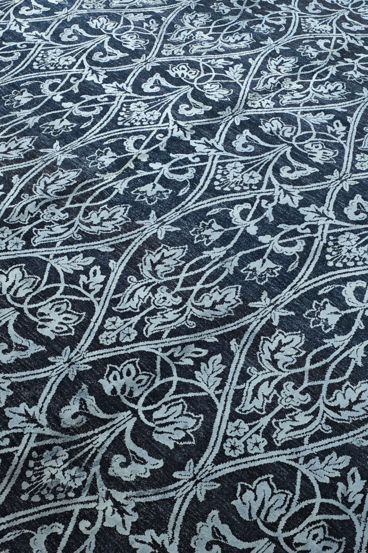 Indigo Trellis Ghazni, Hand-Knotted Wool and Silk Rug