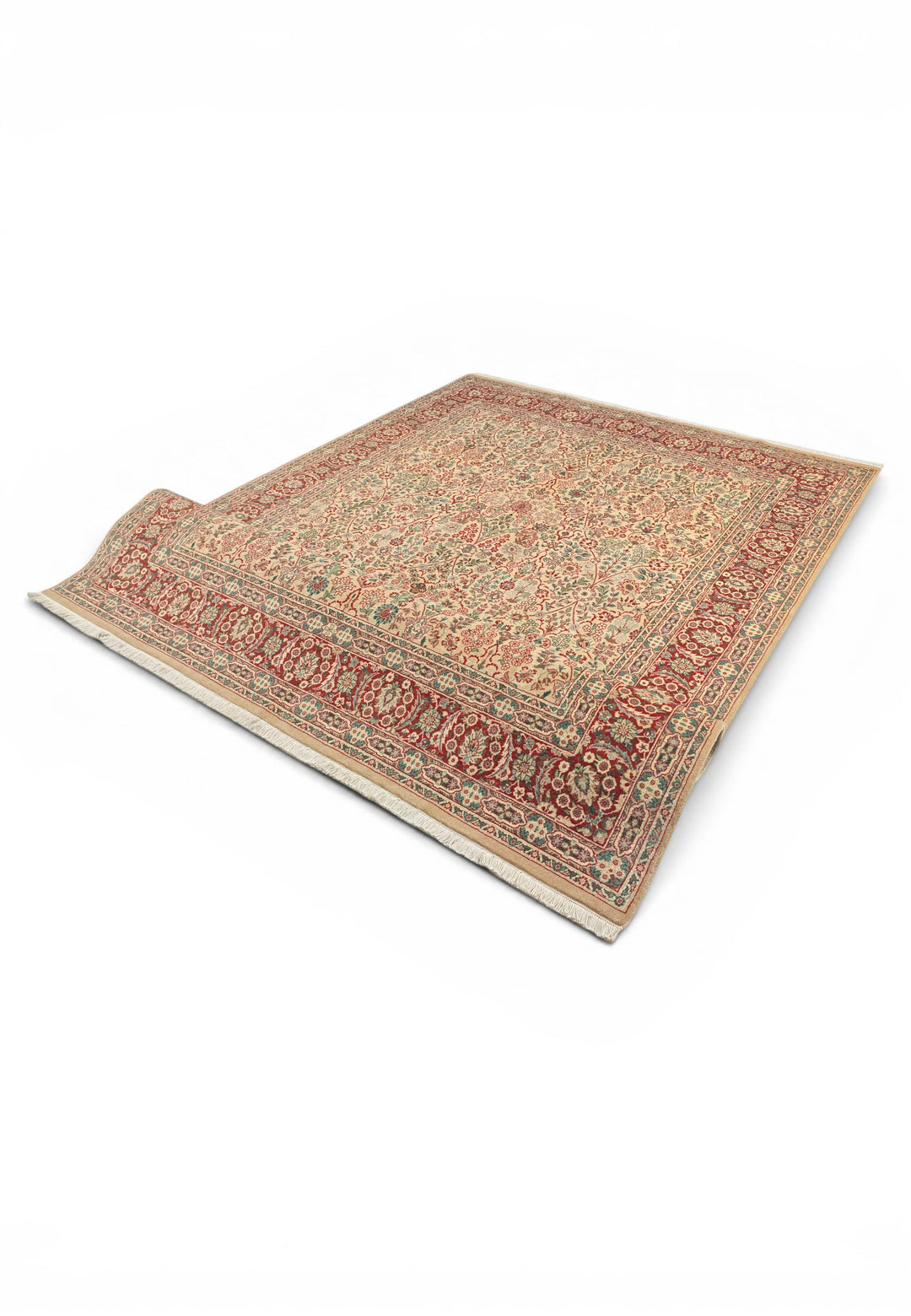 Cream and Red Floral, Hand-Knotted Pakistani Wool Rug
