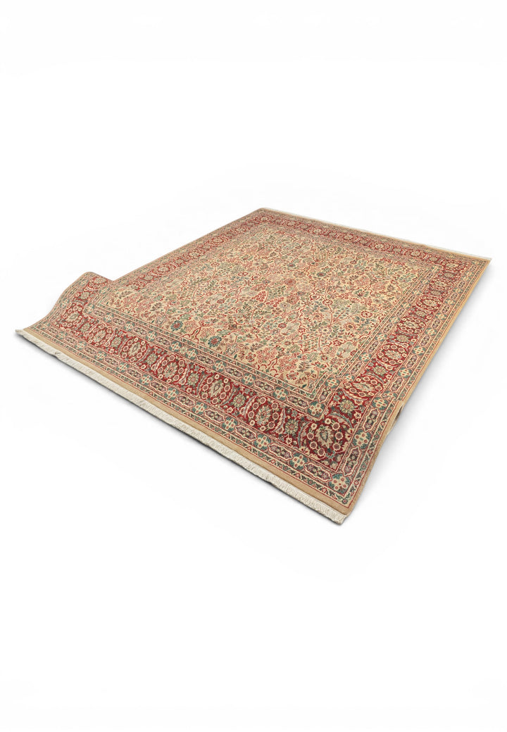 Cream and Red Floral, Hand-Knotted Pakistani Wool Rug