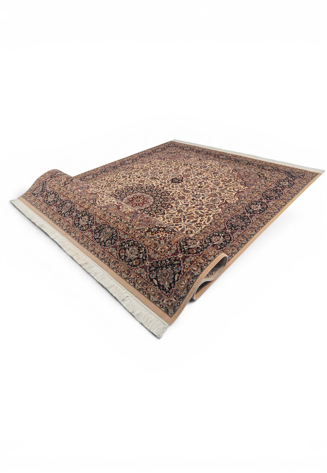 Ivory and Navy Floral Medallion, Hand-Knotted Wool and Silk Rug
