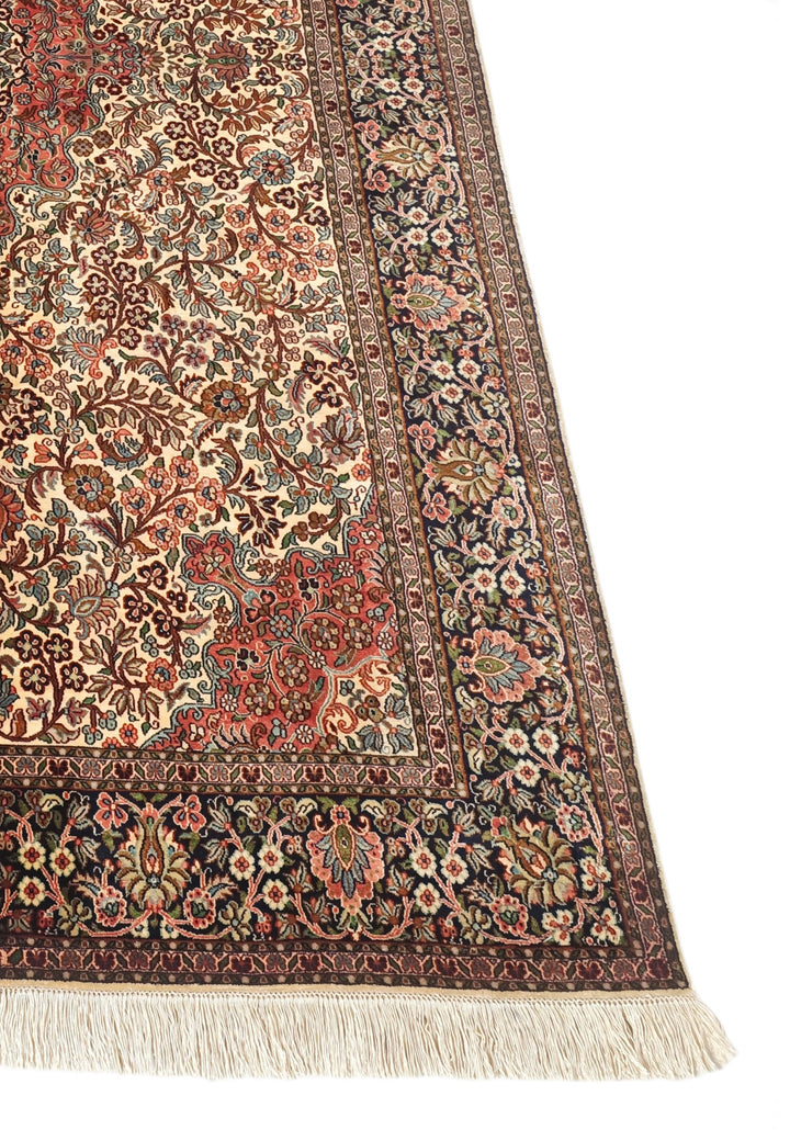 Ivory and Rust Floral Medallion, Hand-Knotted Silk Rug