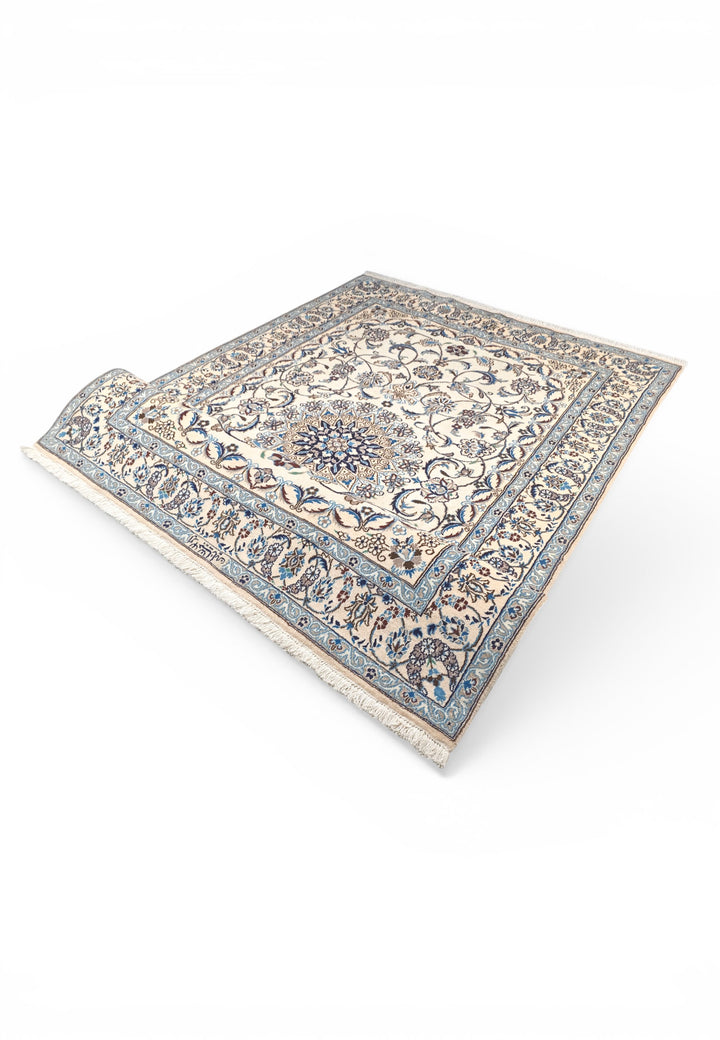 Ivory &amp; Blue Floral Persian Nain, Hand-Knotted Wool Rug