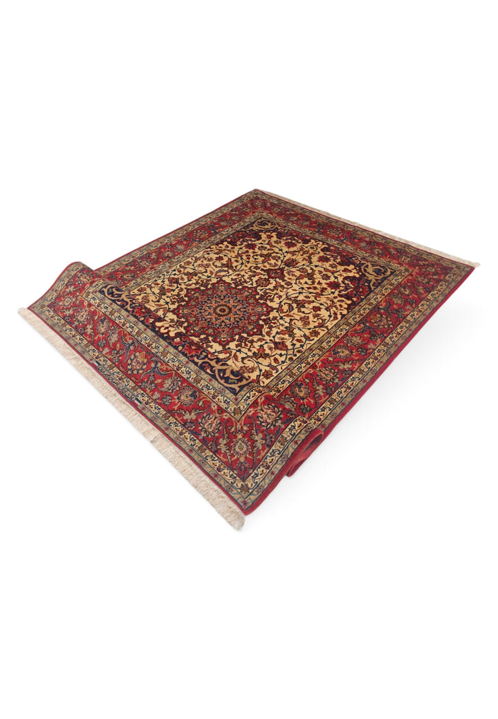 Gold and Red Medallion Sirafian Isfahan, Hand-Knotted Wool Rug