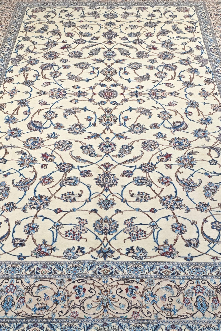 Ivory and Blue All-Over Arabesque Nain, Hand-Knotted Wool Rug