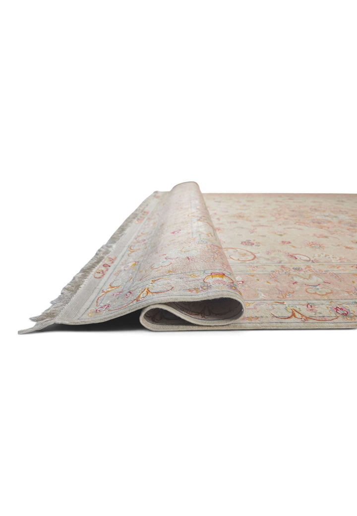 Ivory and Peach Scrolling Leaf Medallion Tabriz, Hand-Knotted Wool Rug