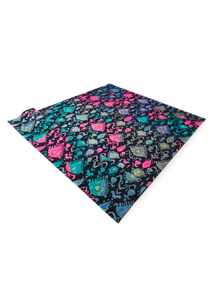 Indigo and Magenta Ikat Ghazni, Hand-Knotted Wool Rug