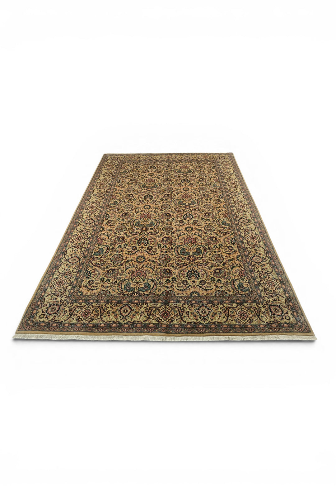 Gold and Teal Floral Vine, Hand-Knotted Wool Rug