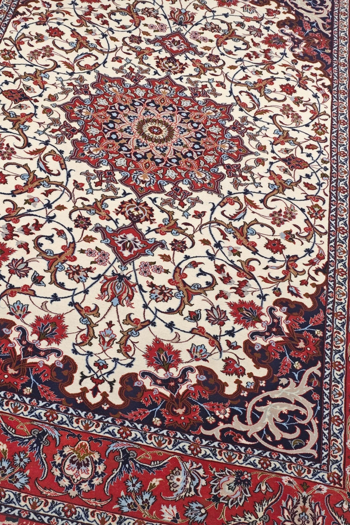 Ivory and Red Star Medallion Sirafian Isfahan, Hand-Knotted Wool Rug