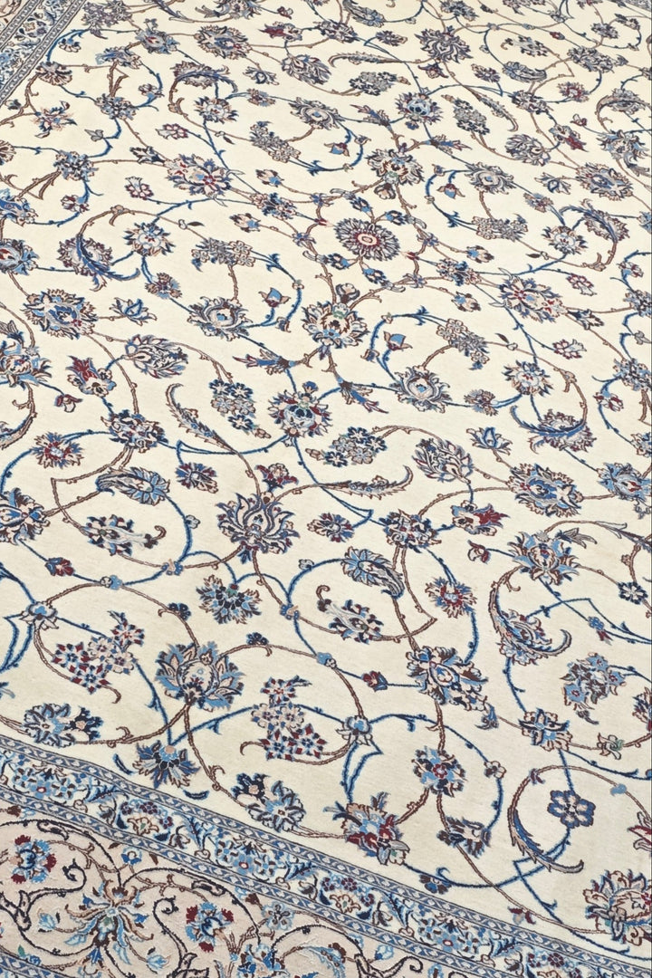 Ivory and Blue All-Over Arabesque Nain, Hand-Knotted Wool Rug