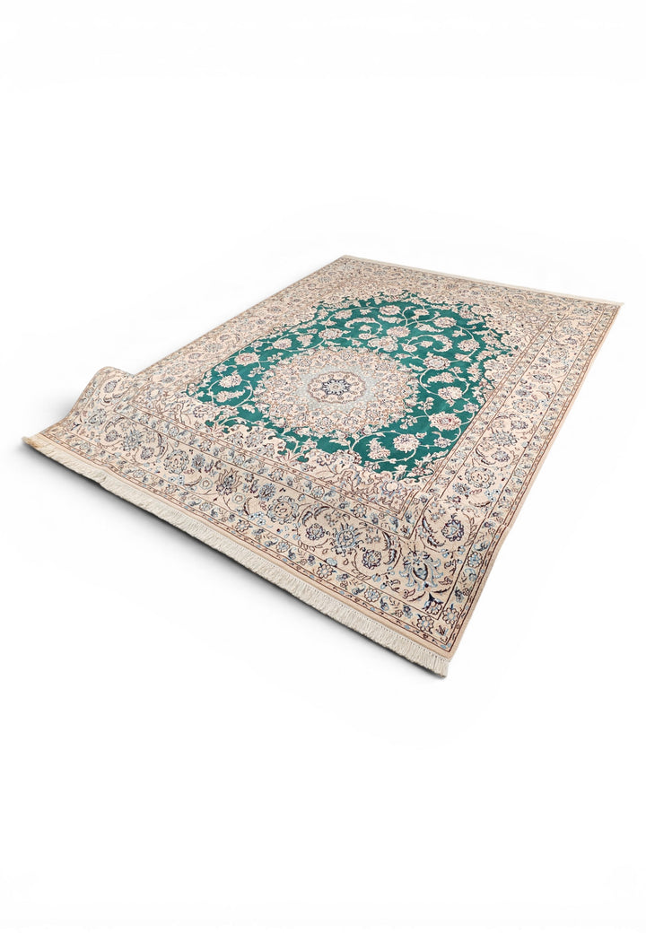 Teal Medallion Persian Nain, Hand-Knotted Wool Rug