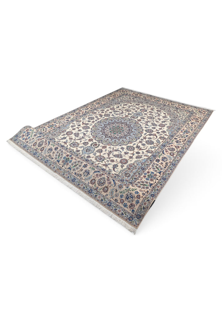 Ivory and Blue Bird Border Medallion Nain, Hand-Knotted Wool Rug