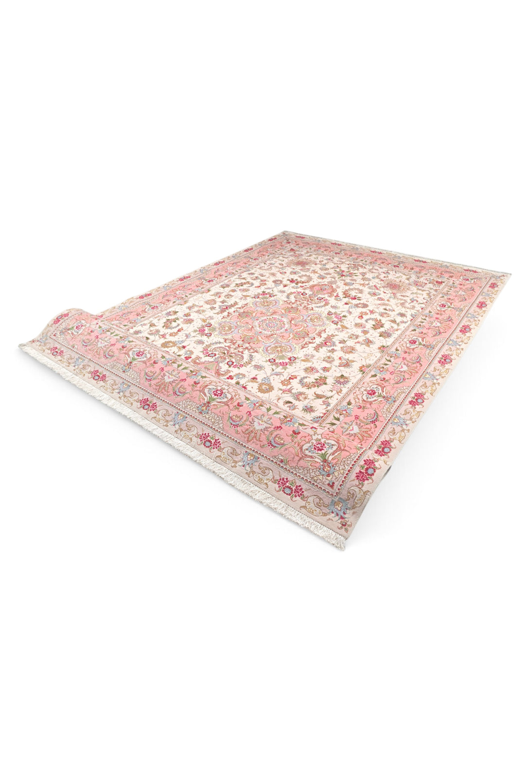 Cream and Rose Pink Medallion Tabriz, Hand-Knotted Wool Rug
