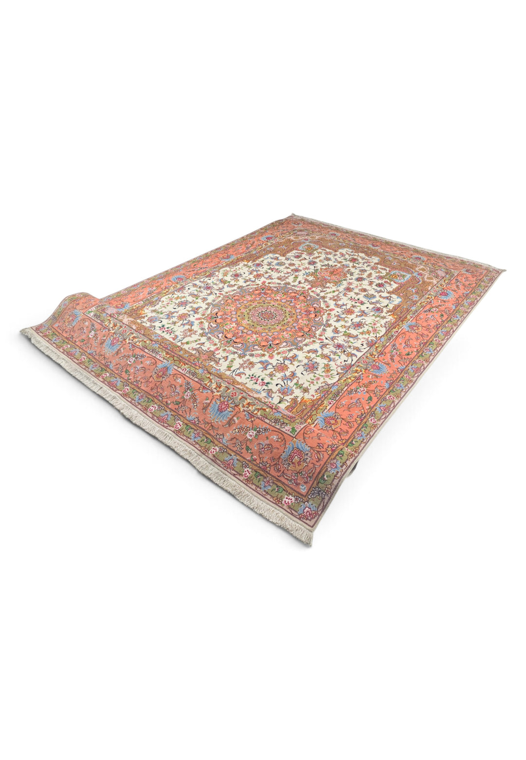 Ivory and Coral Radiating Medallion Tabriz, Hand-Knotted Wool Rug