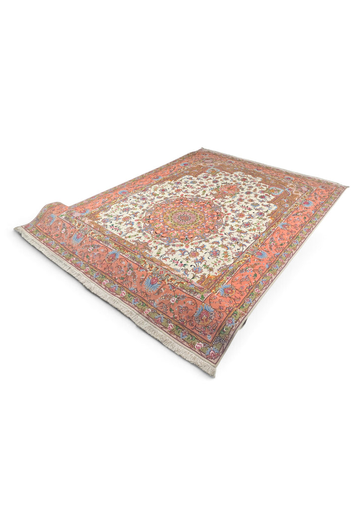 Ivory and Coral Radiating Medallion Tabriz, Hand-Knotted Wool Rug