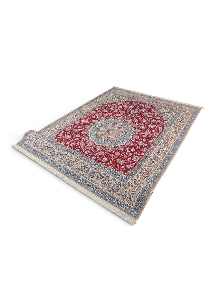 Red and Cream Medallion Nain Shesh La, Hand-Knotted Wool Rug