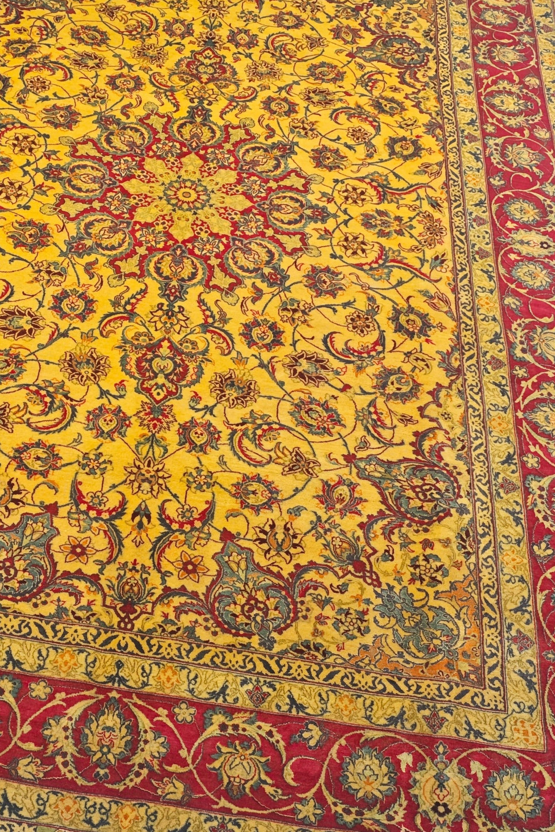 Gold and Crimson Star Medallion Isfahan, Hand-Knotted Wool Rug