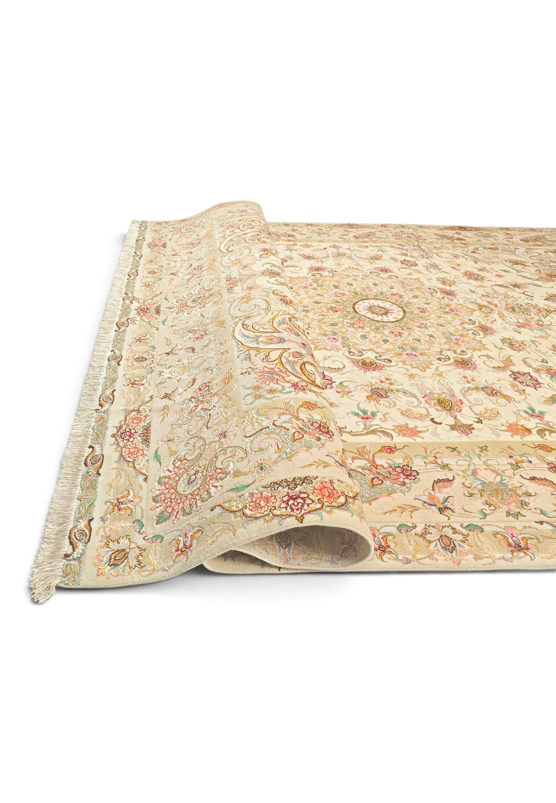Cream and Gold Radiating Medallion Tabriz, Hand-Knotted Wool Rug