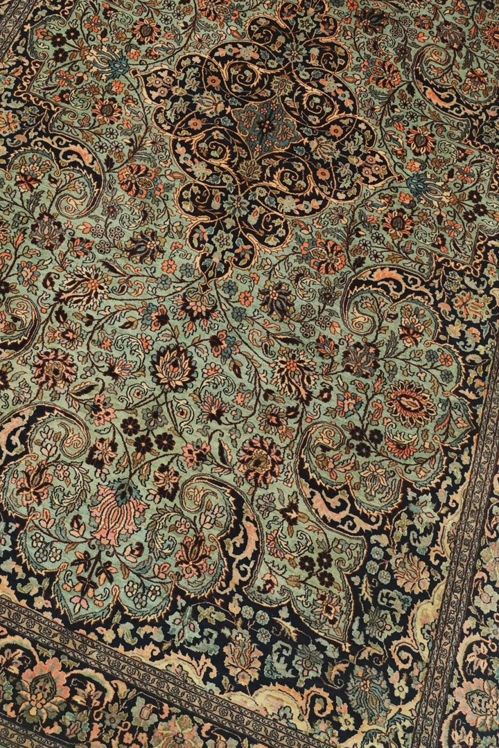 Sage Green and Black Arabesque Medallion, Hand-Knotted Silk Rug