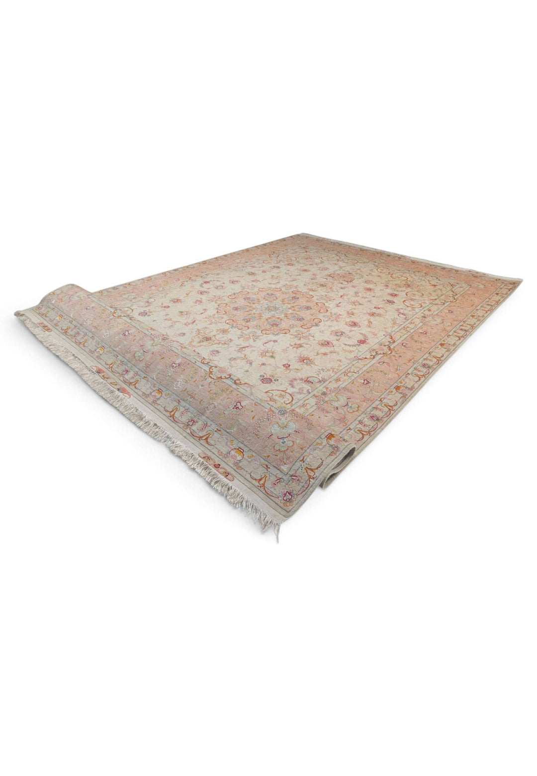 Ivory and Peach Scrolling Leaf Medallion Tabriz, Hand-Knotted Wool Rug