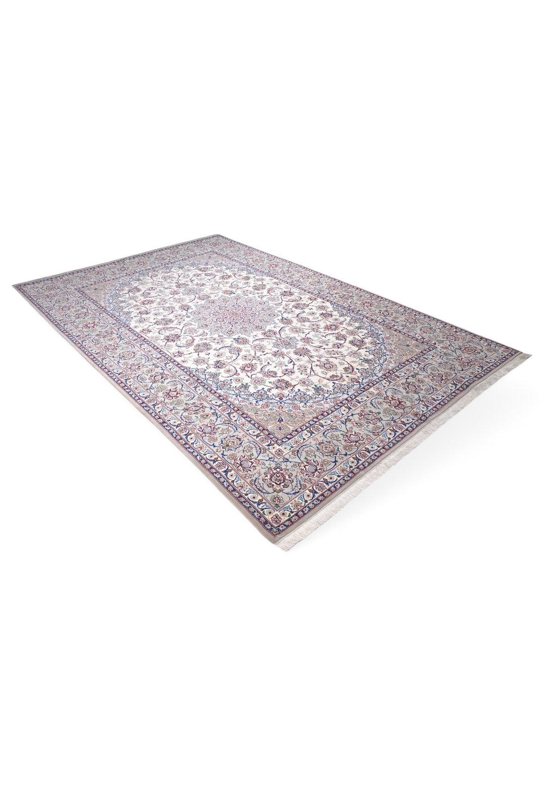 Ivory and Grey Medallion Yazdani Isfahan, Hand-Knotted Wool Rug