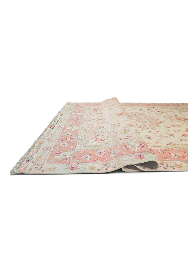 Cream and Coral Medallion Tabriz, Hand-Knotted Wool Rug